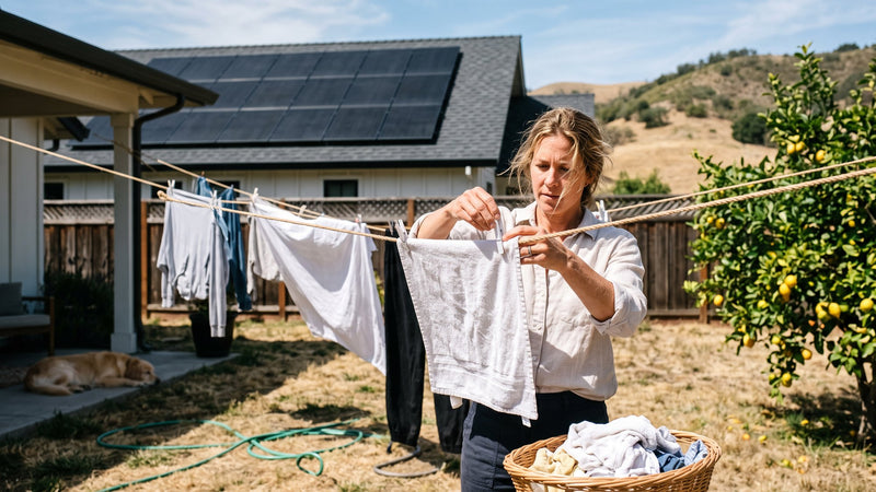 Homeowner hanging laundry in the sun with an all-black solar roof behind her