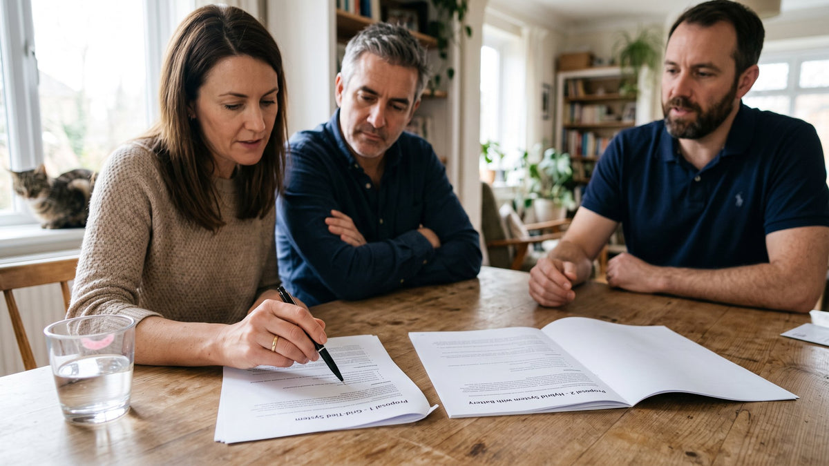 Couple comparing two solar proposals at their dining table with a consultant