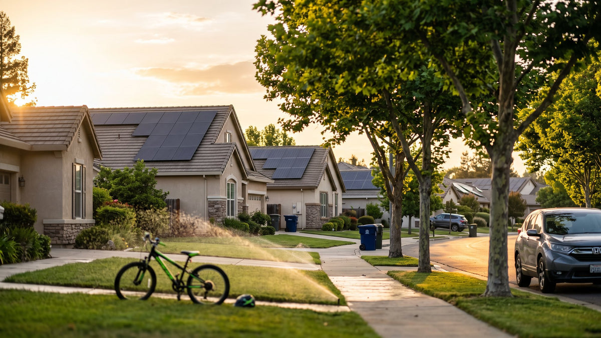 Folsom street at golden hour with solar arrays on most rooftops