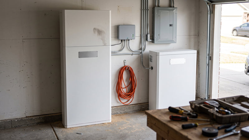 Two home battery cabinets installed side by side on a garage wall