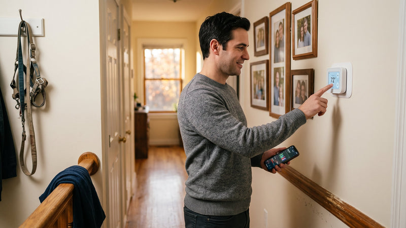 Homeowner adjusting a thermostat while checking an energy app
