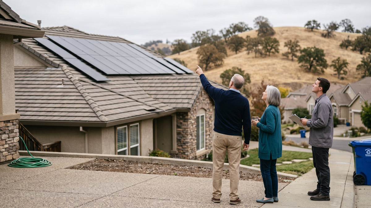 El Dorado Hills homeowners looking up at their new all-black solar array with their installer