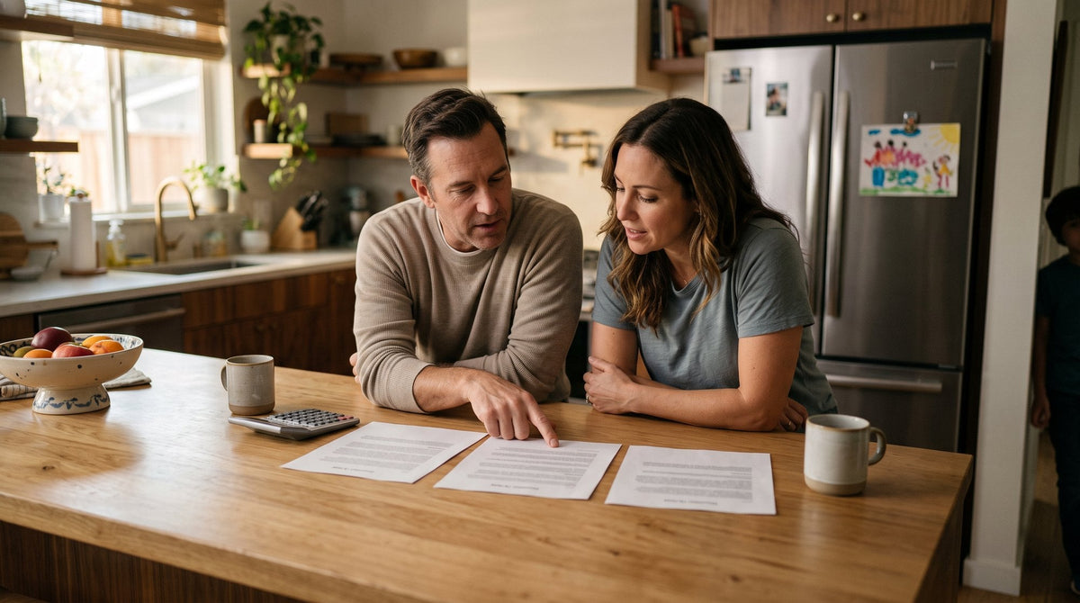 Sacramento-area homeowners comparing three HVAC replacement quotes at a kitchen island