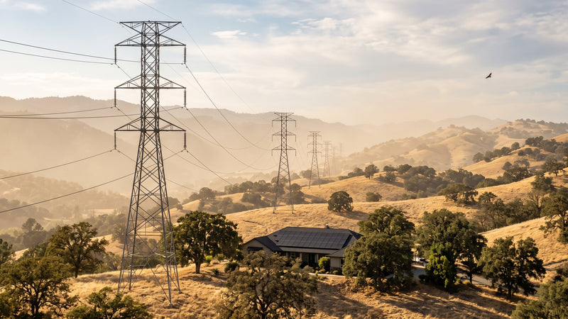 High-voltage transmission towers crossing the El Dorado Hills foothills above a home with an all-black solar array