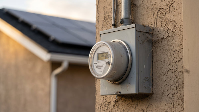 Digital electric meter on a stucco wall below a roof with all-black solar panels