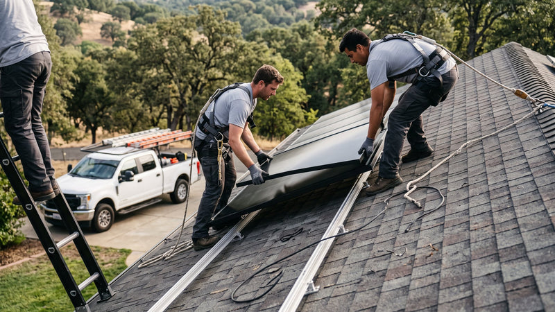 Professional solar crew lowering an all-black panel onto roof rails
