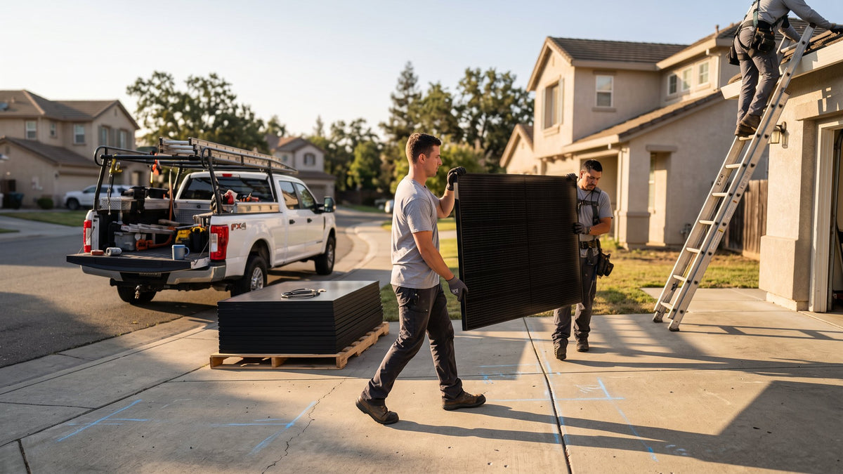 Professional solar crew unloading panels on install day in a Cameron Park cul-de-sac