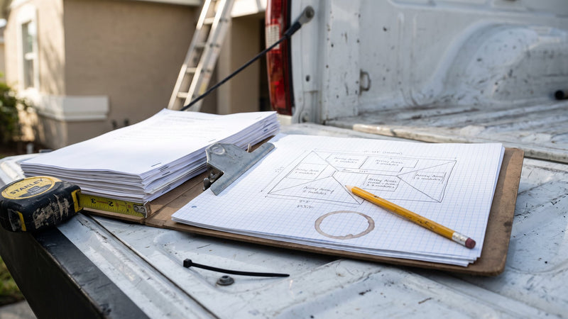 Solar roof layout sketch and permit packet on a crew truck tailgate before installation