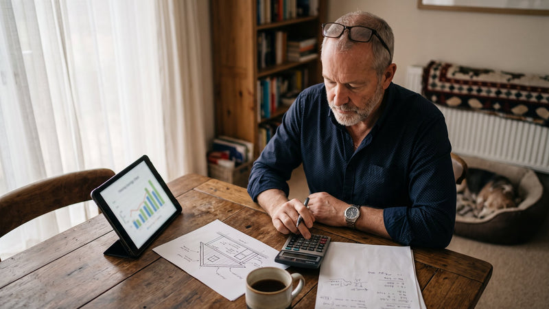 Homeowner working out solar return on investment with a calculator and a roof sketch