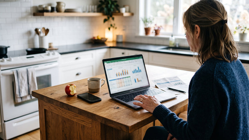 Homeowner comparing a solar savings estimate on a laptop beside her utility bill