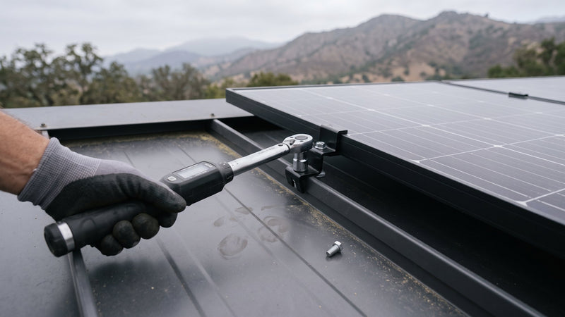 Installer tightening a seam clamp for solar panels on a standing-seam metal roof