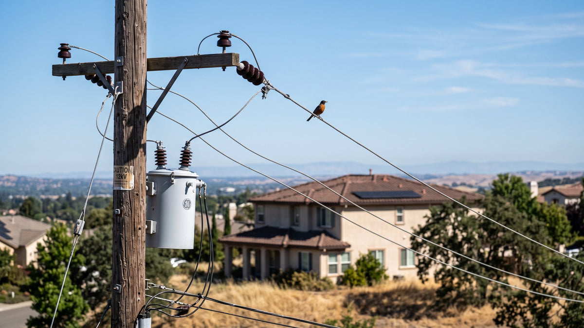 Utility pole and power lines in front of an El Dorado Hills home