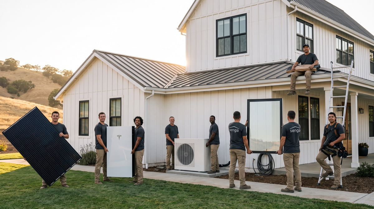 Senga Energy installers with a solar panel, Tesla Powerwall battery, heat pump and replacement window outside a farmhouse in El Dorado Hills, CA