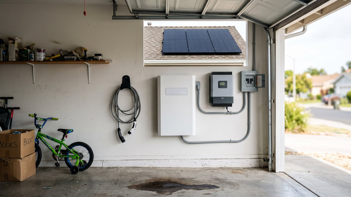 Complete home solar system: battery, inverter and EV charger in a garage with a solar roof across the street