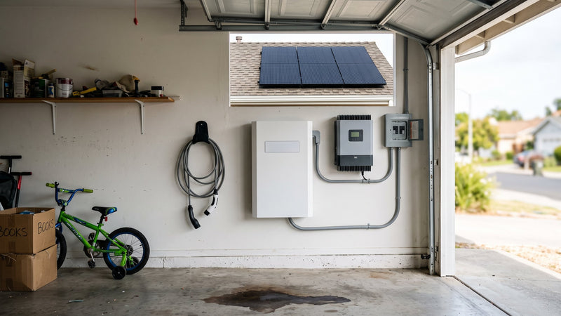 Complete home solar system: battery, inverter and EV charger in a garage with a solar roof across the street