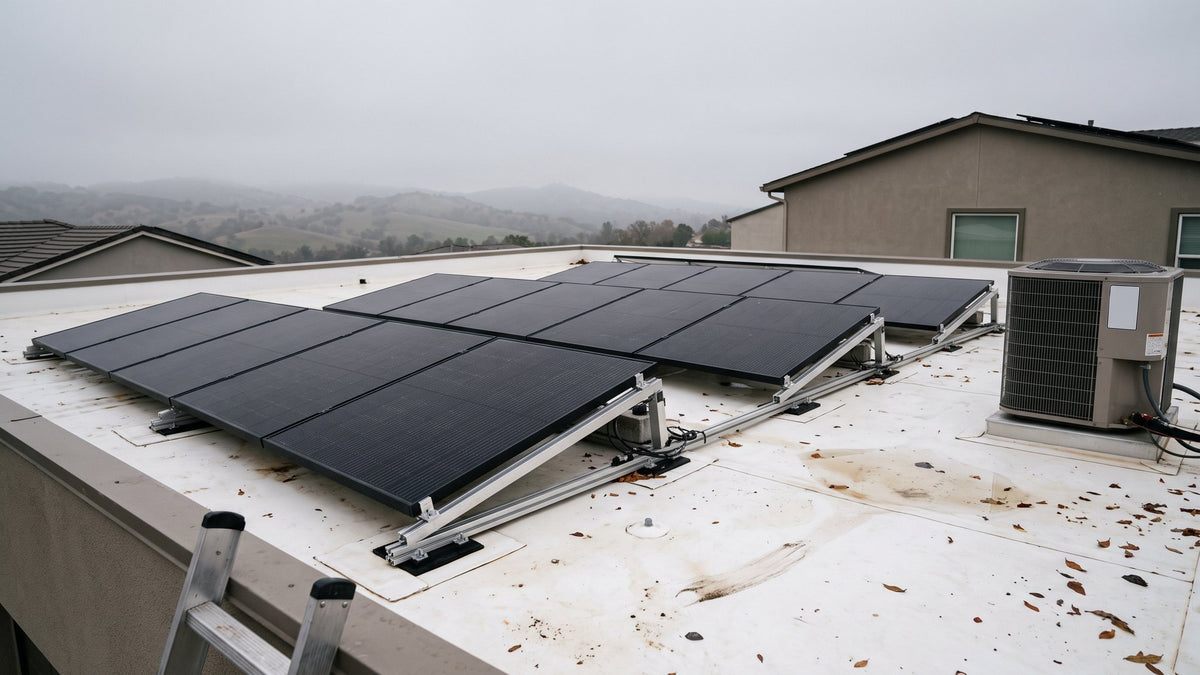 All-black solar panels on tilted racks across a flat roof in Rocklin