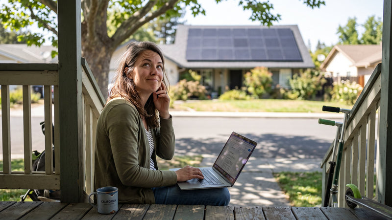 Homeowner on her porch researching solar on a laptop while looking at a neighbor's solar roof