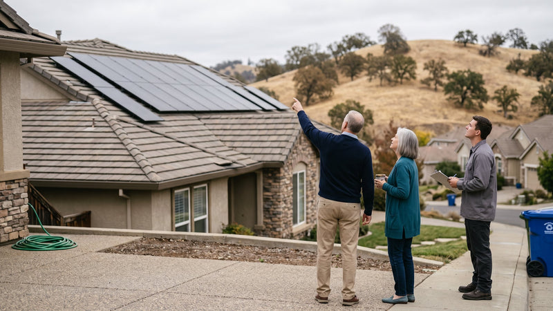 El Dorado Hills homeowners looking up at their new all-black solar array with their installer