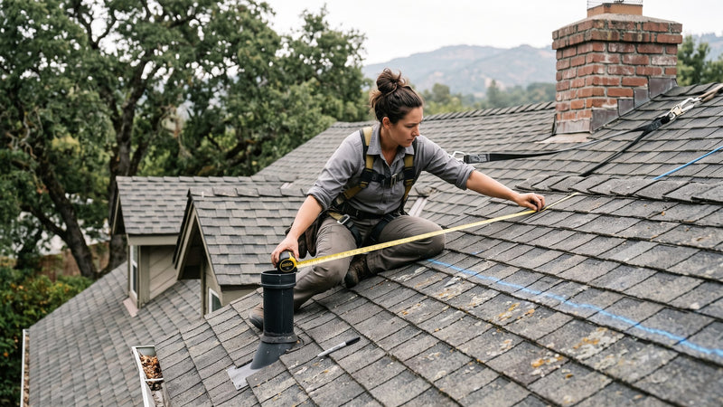 Installer measuring a steep, complex roof before a solar installation