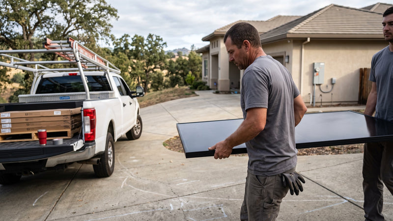 Two professional installers carrying an all-black solar panel up a driveway