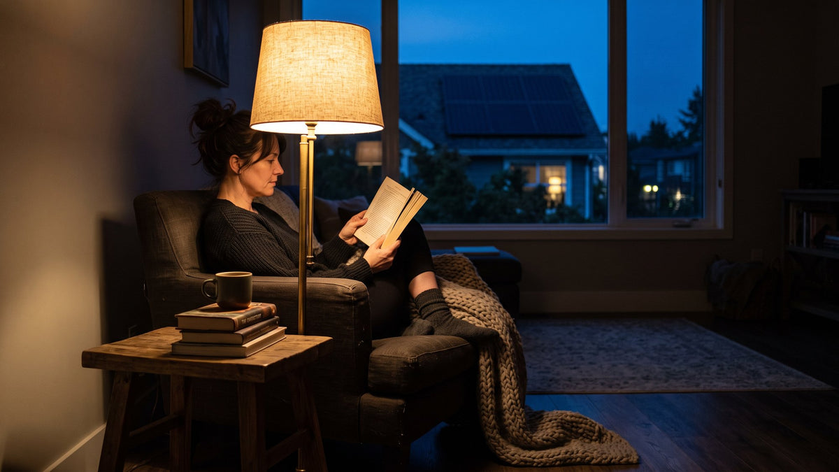 Living room lit by a single lamp at dusk with a solar roof visible through the window
