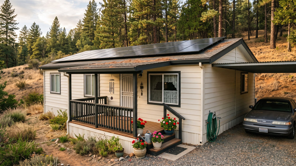 Manufactured home in Placerville with all-black solar panels on its roof