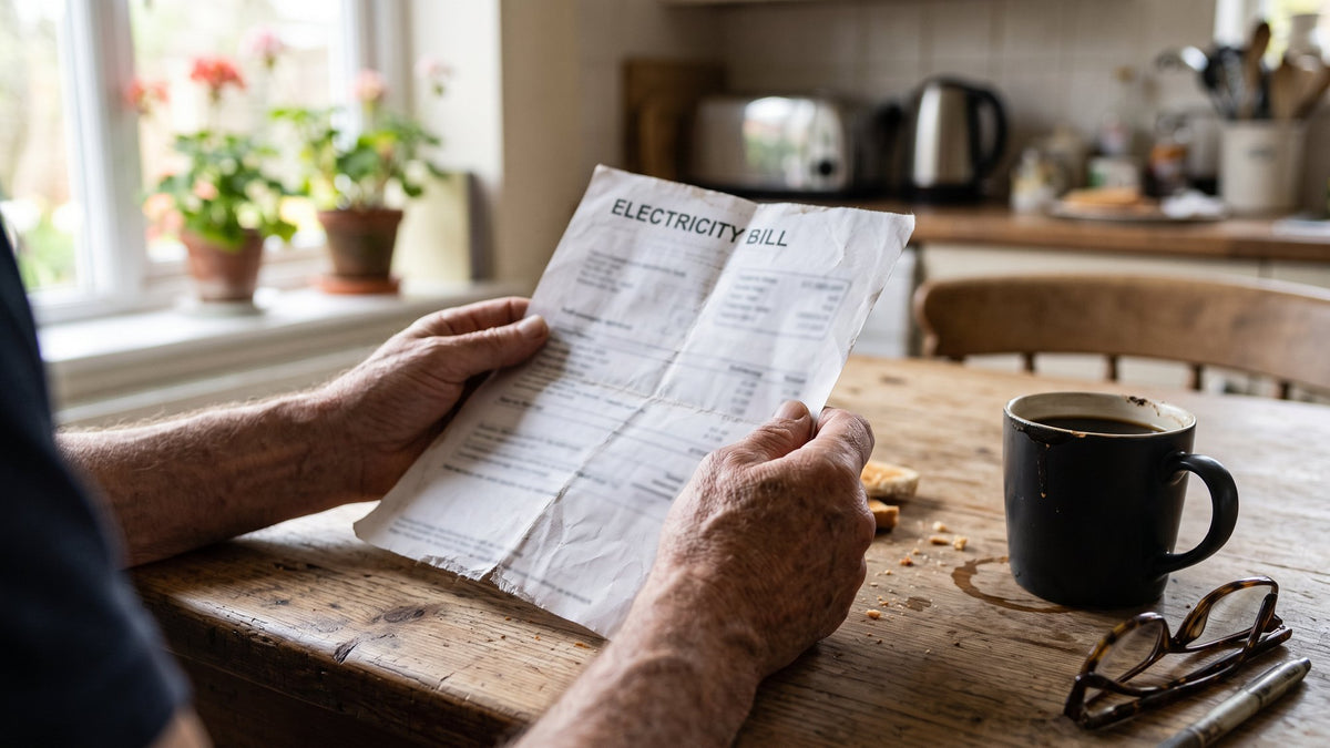 Homeowner reading a paper electricity bill at the kitchen table