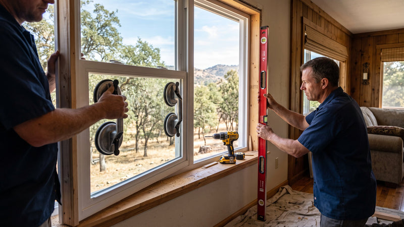 Installers setting a white vinyl double-hung replacement window in a foothill home