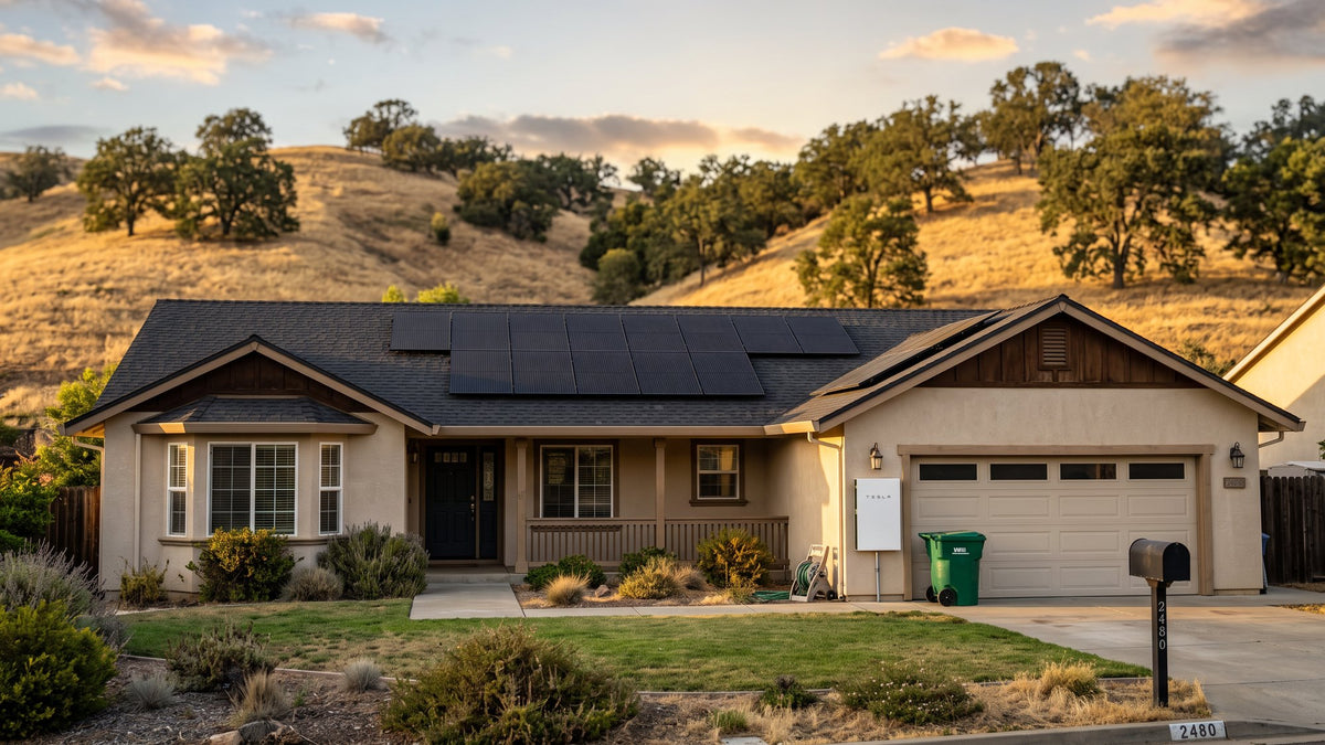 El Dorado Hills ranch home at golden hour with an all-black solar array and a wall-mounted home battery