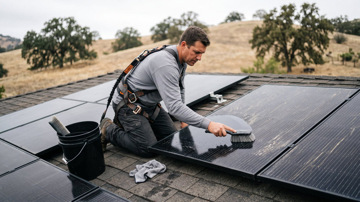Technician cleaning an all-black solar panel on a foothill roof