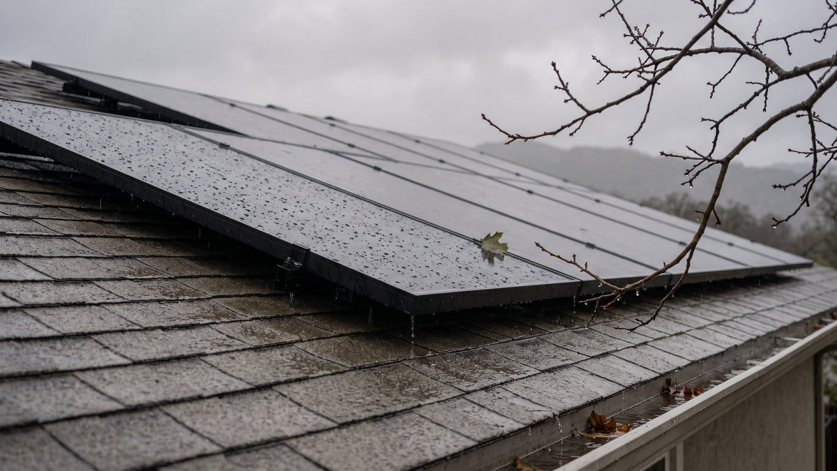 All-black solar panels beaded with rain under an overcast foothill sky