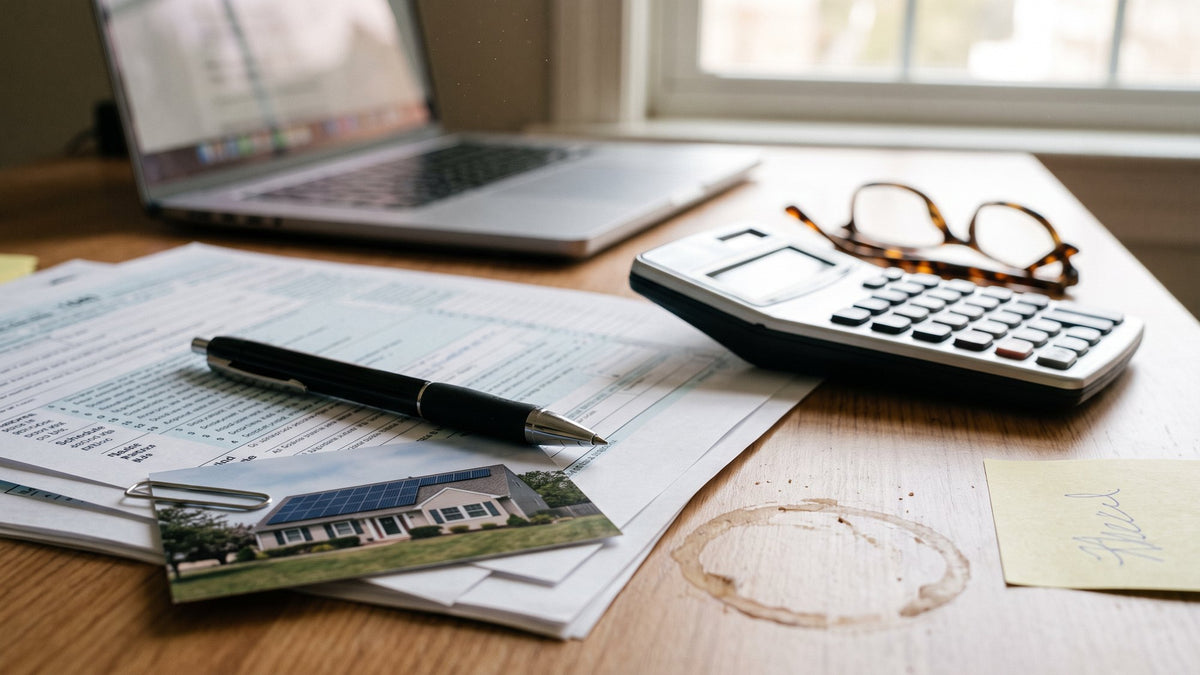 Tax paperwork, calculator and a photo of a solar home on a desk
