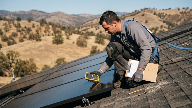 Solar technician checking an all-black panel with a handheld meter on a Gold Country roof