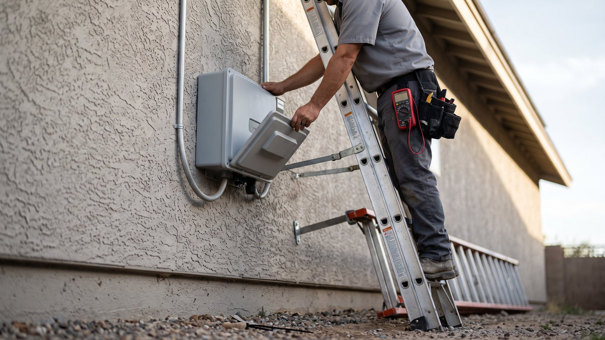 Technician on a ladder opening a solar inverter for a maintenance check