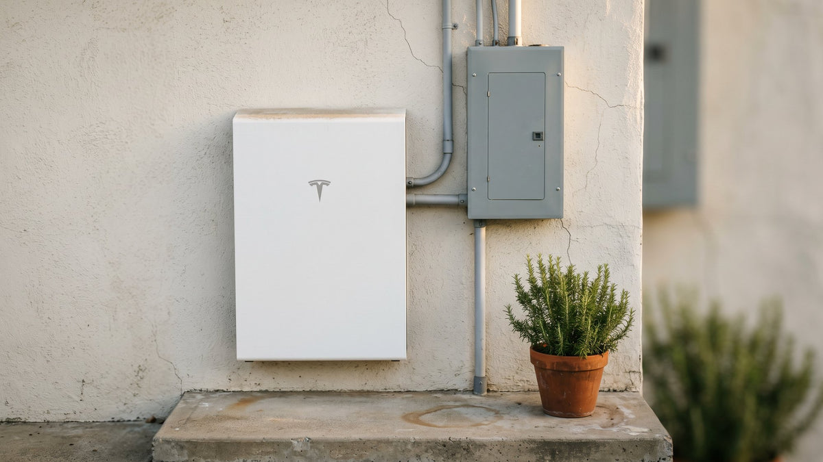 Tesla Powerwall home battery mounted on a garage wall in El Dorado Hills