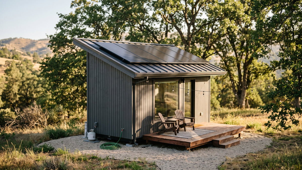 Tiny house in the Sierra foothills with all-black solar panels on its metal roof