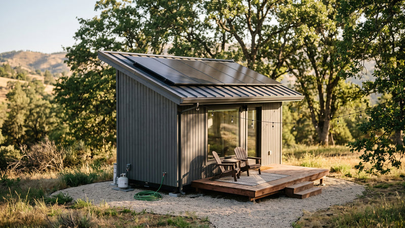 Tiny house in the Sierra foothills with all-black solar panels on its metal roof