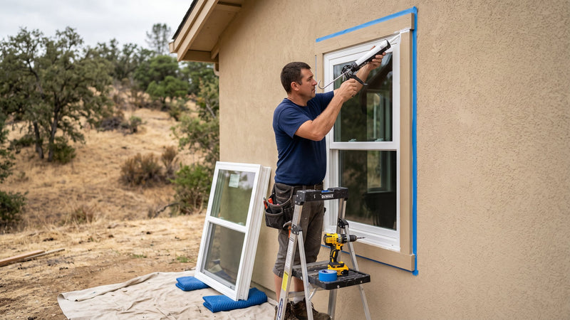Installer caulking a new white vinyl window on a Cameron Park home