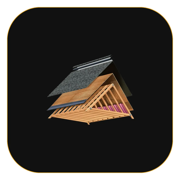 Roof cross-section showing shingles and decking
