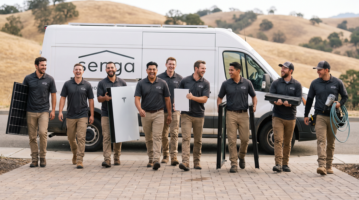 Senga Energy technicians with solar panels, battery storage, roofing and HVAC equipment beside Senga service van in El Dorado Hills.