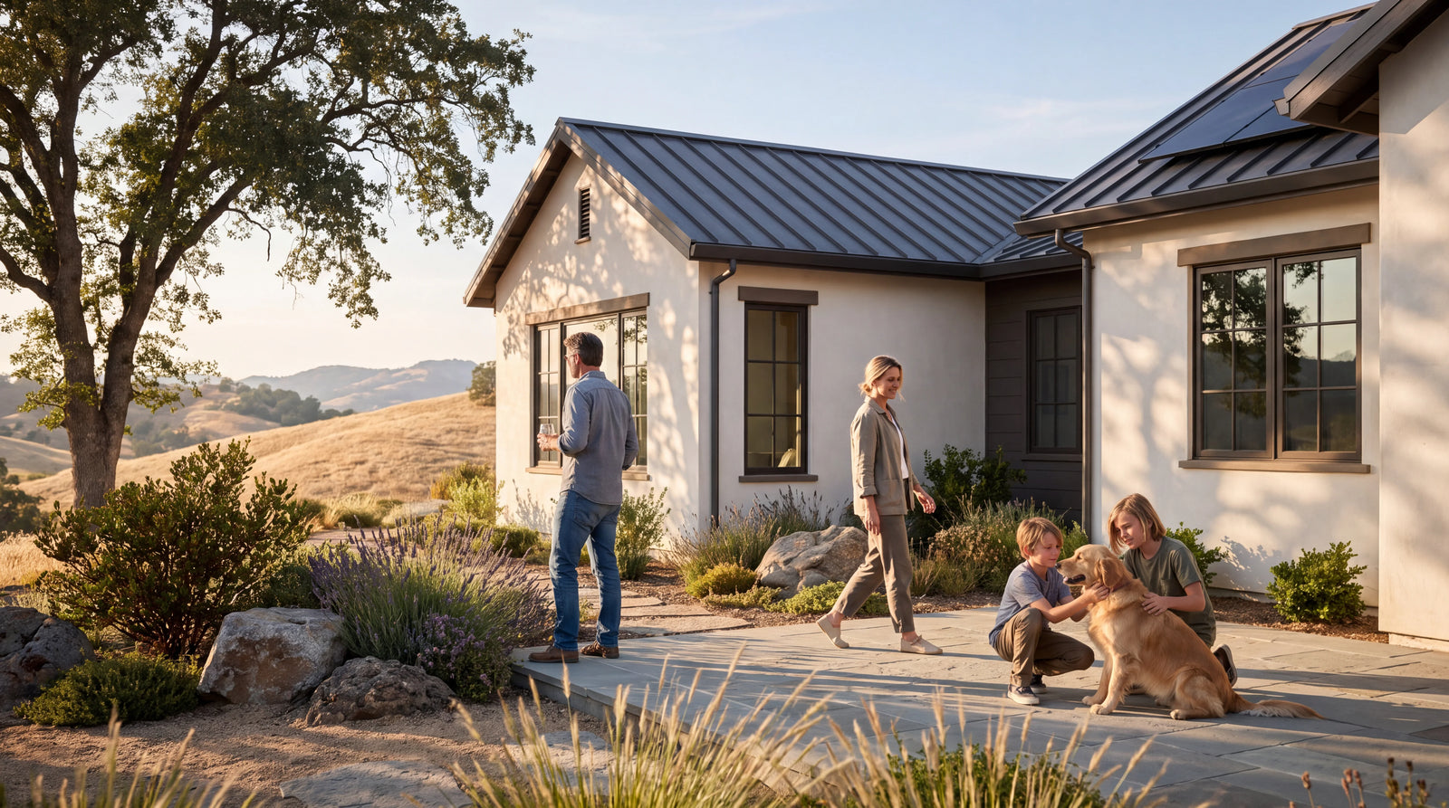 Family outside a custom El Dorado Hills home with rooftop solar panels