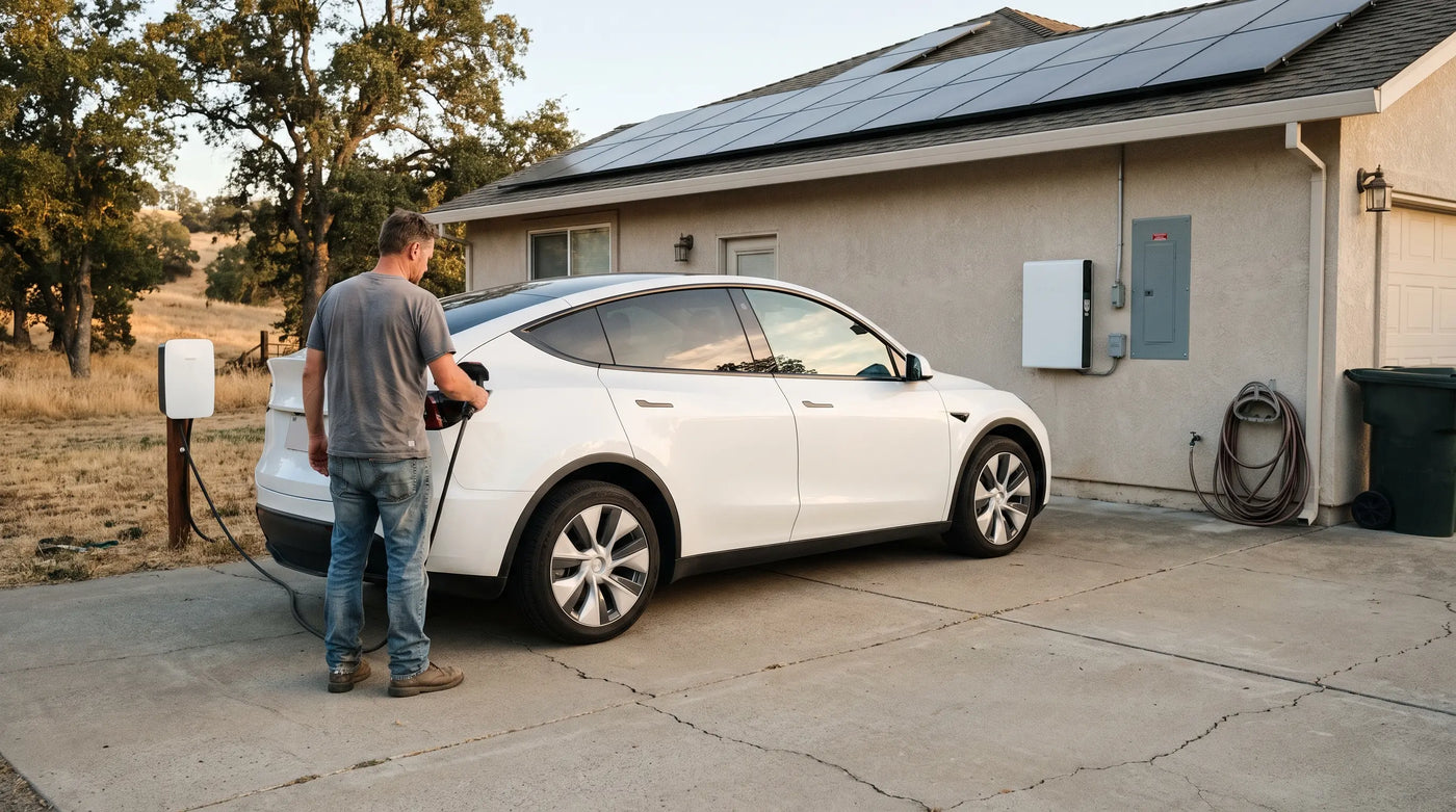 Electric vehicle charging at a solar and battery powered home in El Dorado Hills, California