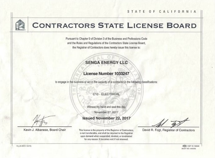 Senga Energy LLC California Contractors State License Board certificate, license number 1033247, C-10 Electrical