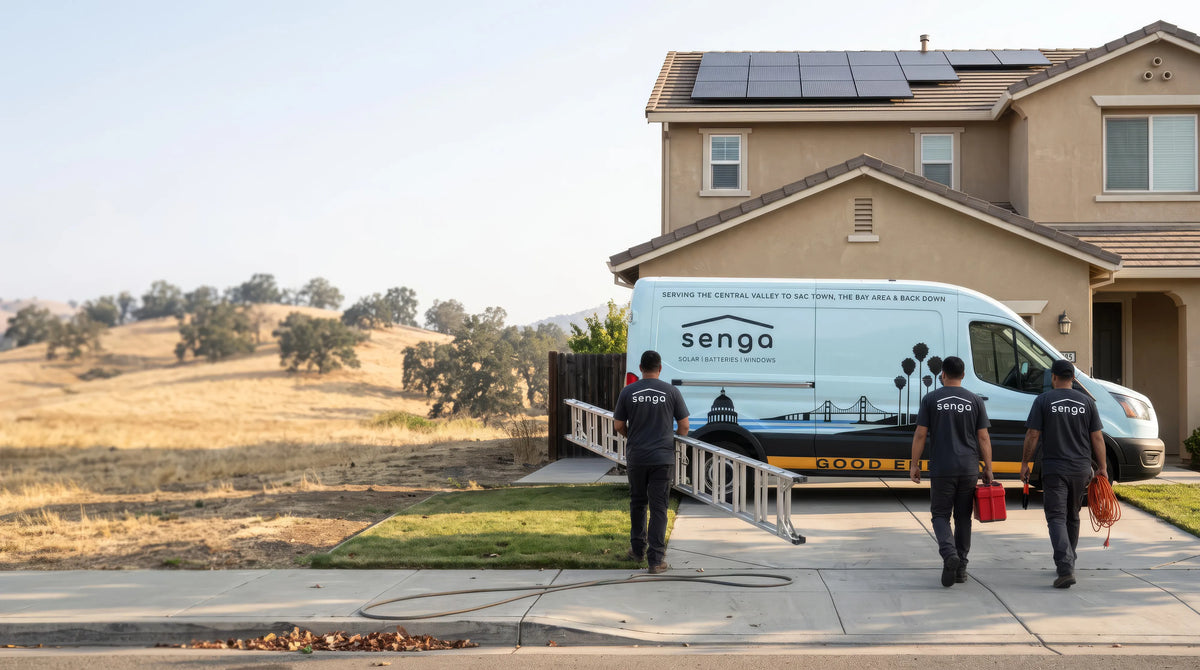 Three Senga Energy installers carrying a ladder, tool case and extension cord from a Senga van to a home with rooftop solar panels in El Dorado Hills, CA