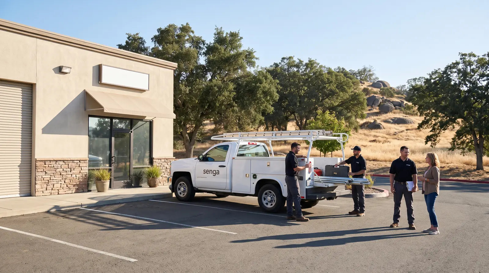 Senga Energy crew loading a service truck at their El Dorado Hills office on Golden Foothill Parkway