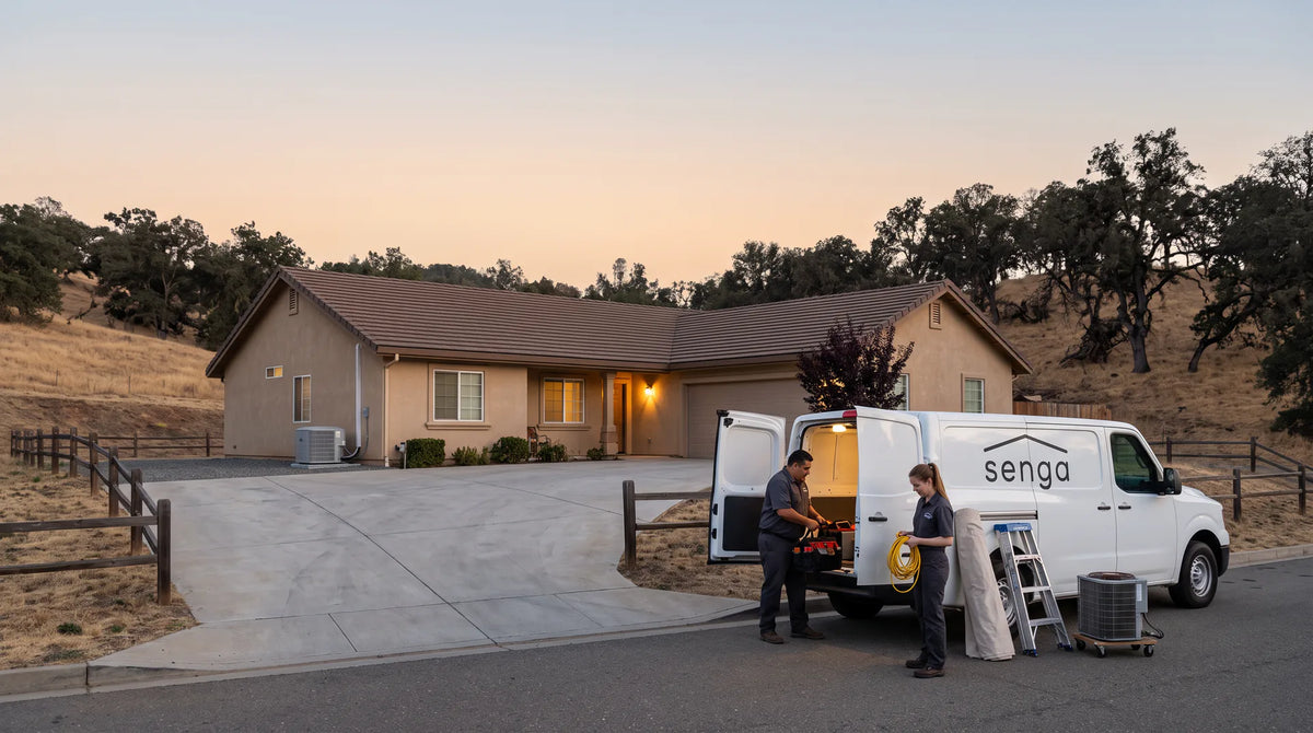 Senga Energy crew packing up the van at sunset after a completed HVAC installation in Plymouth, CA