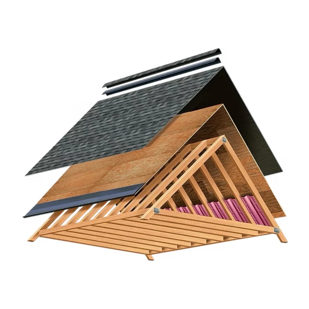 Cutaway of a new shingle roof showing architectural shingles, underlayment, roof deck and attic insulation, a roof replacement by Senga Energy in El Dorado Hills, CA