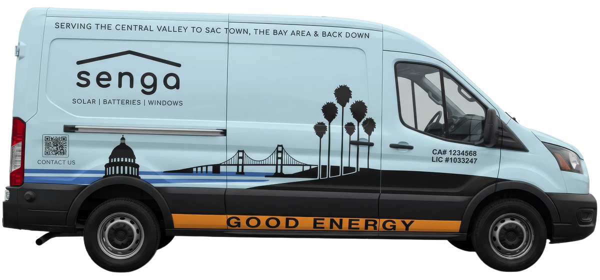Light blue Senga Energy service van wrapped with the Senga logo, Solar, Batteries and Windows lettering, a Sacramento Capitol and bridge skyline and the words Good Energy, based in El Dorado Hills, CA