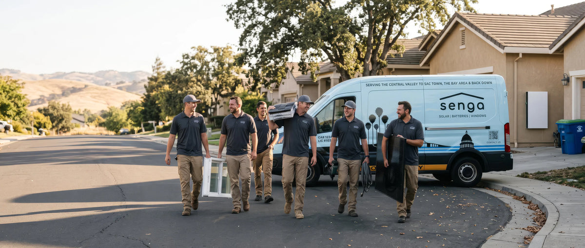 Senga Energy installation crew walking from a Senga van carrying a solar panel, a replacement window and tools in an El Dorado Hills, CA neighborhood