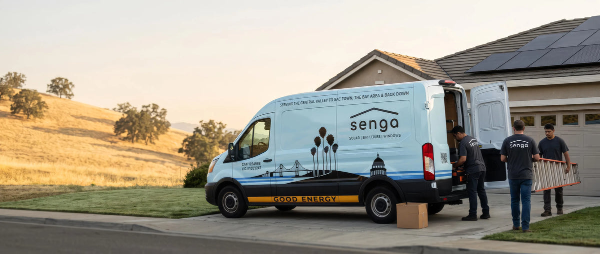 Senga Energy solar installers unloading a ladder from a Senga van beside a home with rooftop solar panels in El Dorado Hills, CA